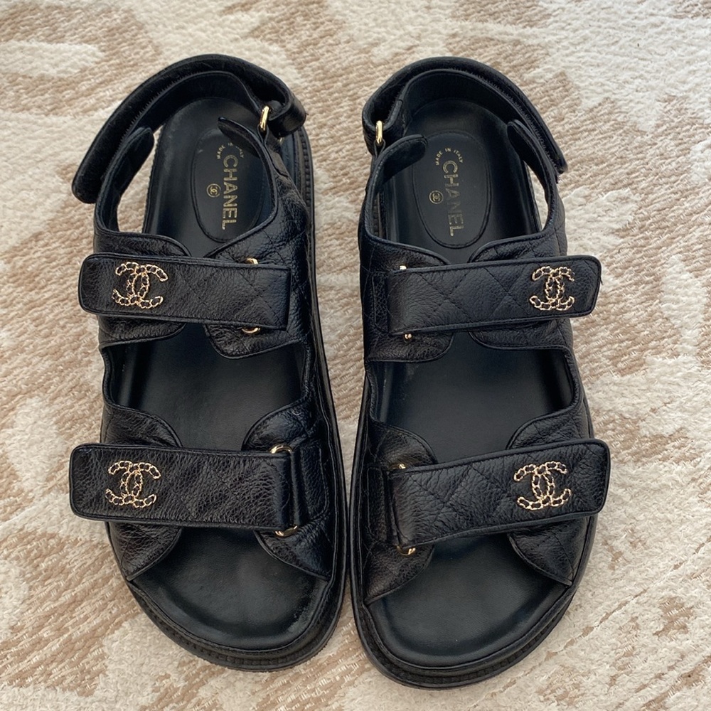 Chanel black leather cc GHW dad sandals 40C